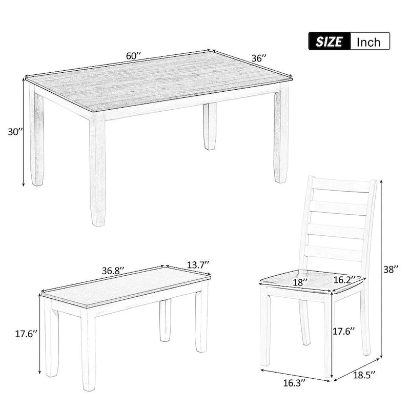 Table de salle à manger rectangulaire de style campagnard de 60 pouces avec 4 chaises rembourrées et un banc