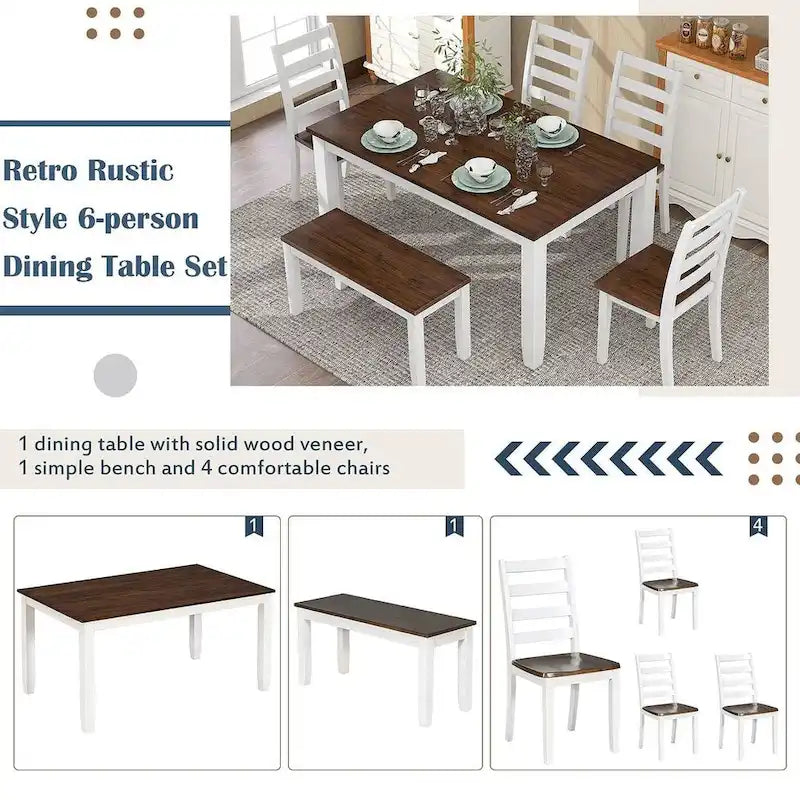 Table de salle à manger rectangulaire de style campagnard de 60 pouces avec 4 chaises rembourrées et un banc