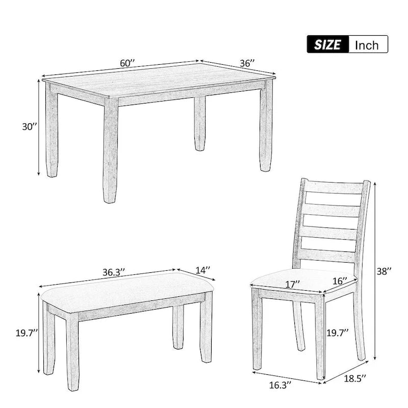 Table de salle à manger rectangulaire de style campagnard de 60 pouces avec 4 chaises rembourrées et un banc
