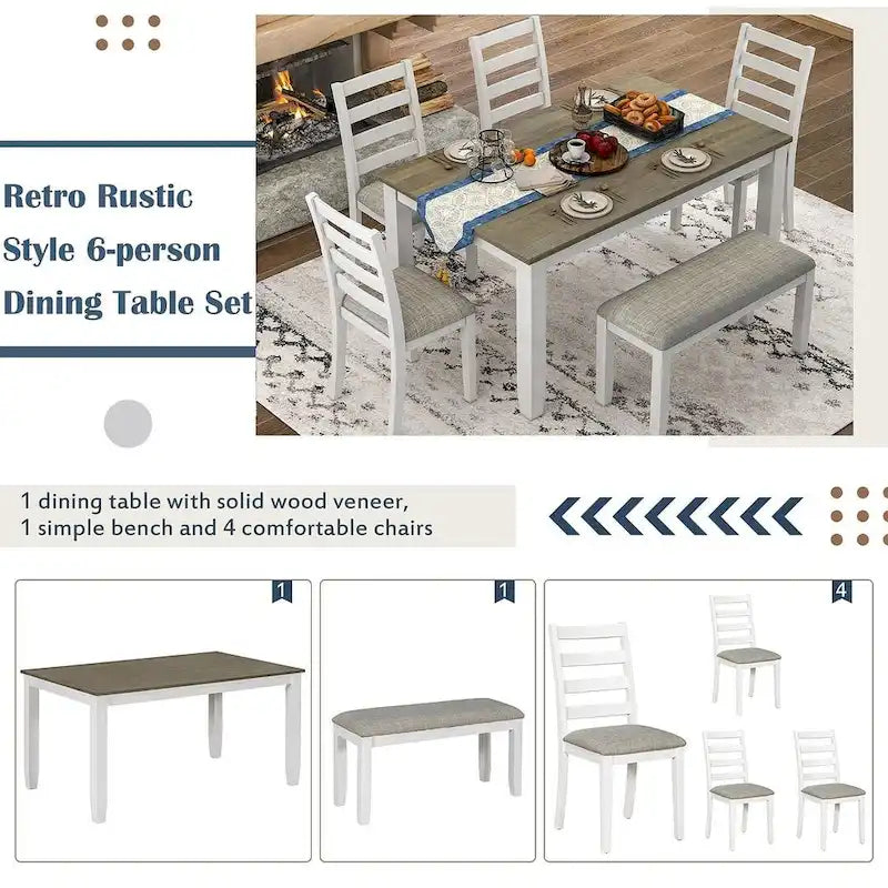 Table de salle à manger rectangulaire de style campagnard de 60 pouces avec 4 chaises rembourrées et un banc