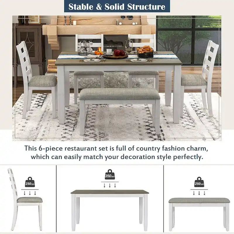 Table de salle à manger rectangulaire de style campagnard de 60 pouces avec 4 chaises rembourrées et un banc
