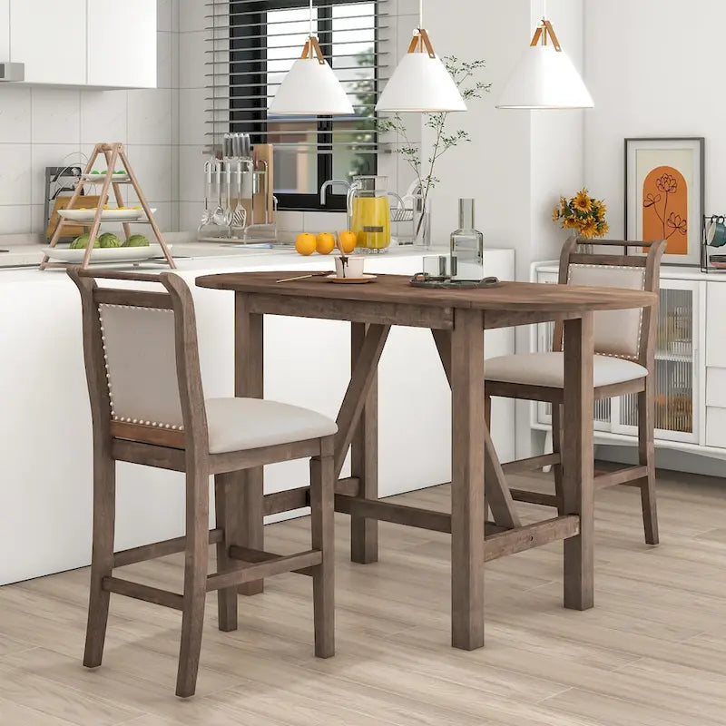Ensemble de table à manger 3 pièces en bois, hauteur comptoir, à abattants