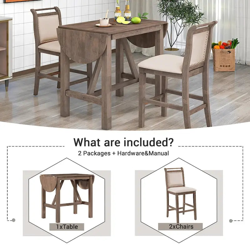 Ensemble de table à manger 3 pièces en bois, hauteur comptoir, à abattants