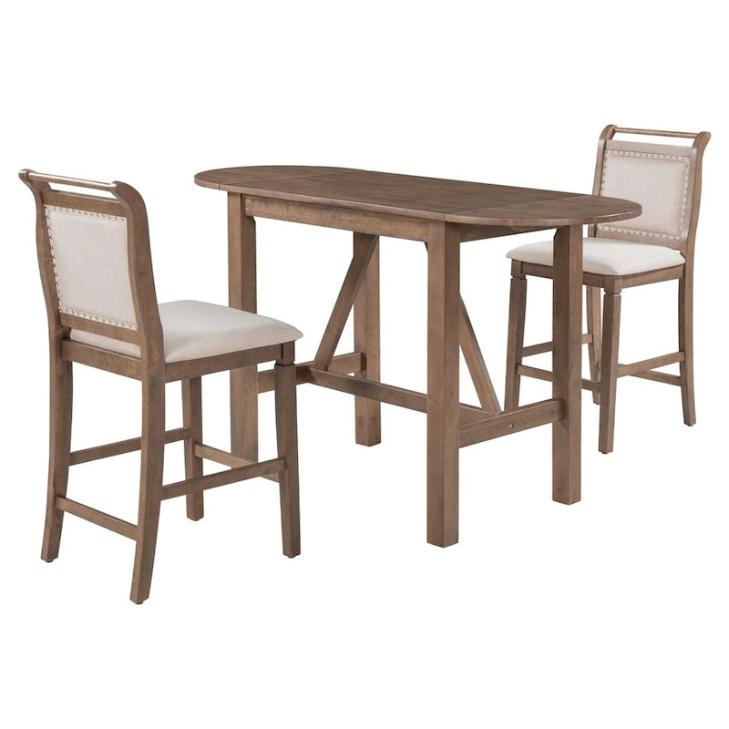 Ensemble de table à manger 3 pièces en bois, hauteur comptoir, à abattants