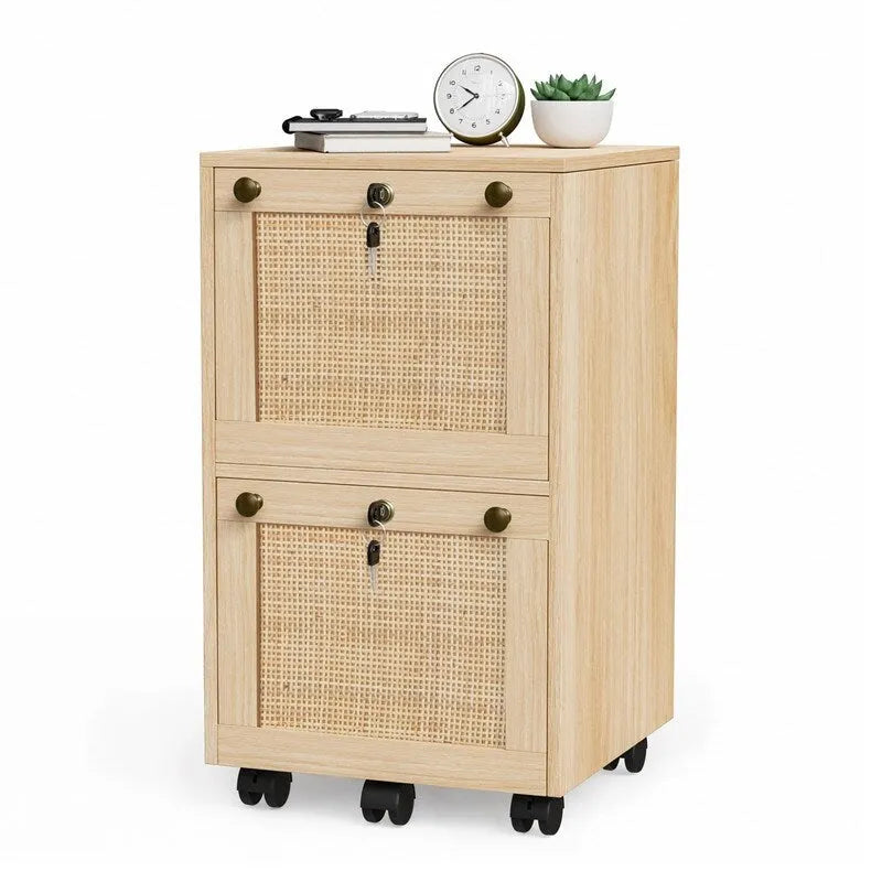 Classeur mobile en bois et rotin, 2 tiroirs avec serrure