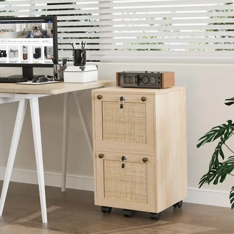 Classeur mobile en bois et rotin, 2 tiroirs avec serrure