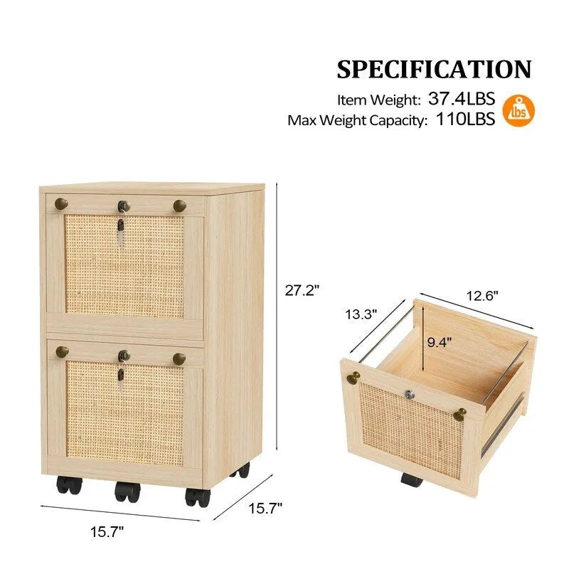 Classeur mobile en bois et rotin, 2 tiroirs avec serrure