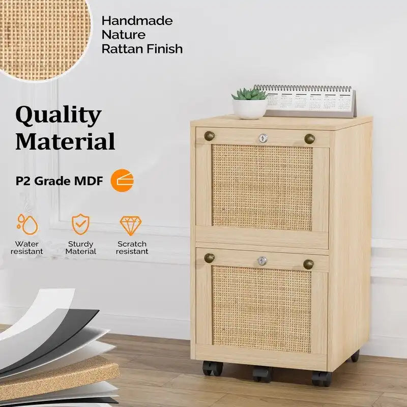Classeur mobile en bois et rotin, 2 tiroirs avec serrure
