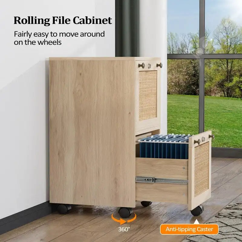 Classeur mobile en bois et rotin, 2 tiroirs avec serrure