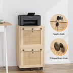 Classeur mobile en bois et rotin, 2 tiroirs avec serrure