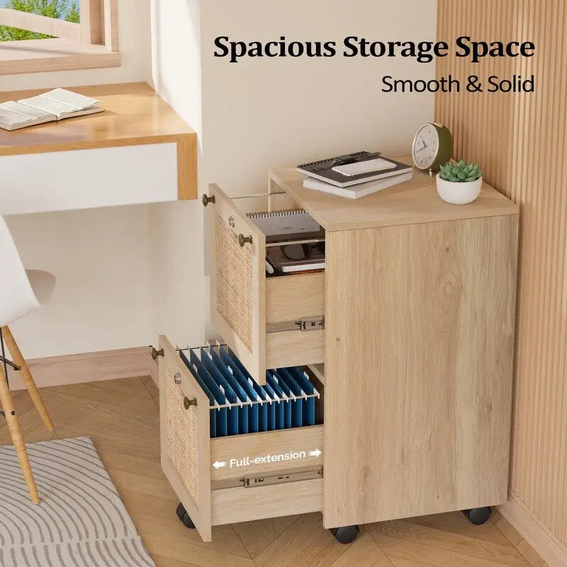 Classeur mobile en bois et rotin, 2 tiroirs avec serrure