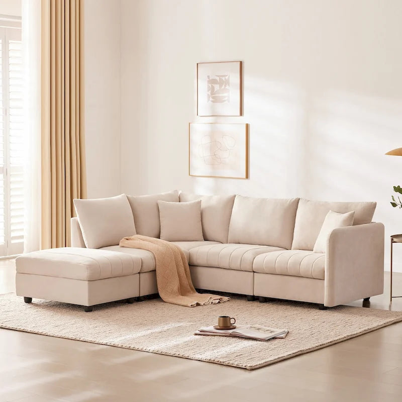 Canapé d'angle moderne en forme de L à rayures verticales, 2 coussins, pouf, combinaisons possibles, beige