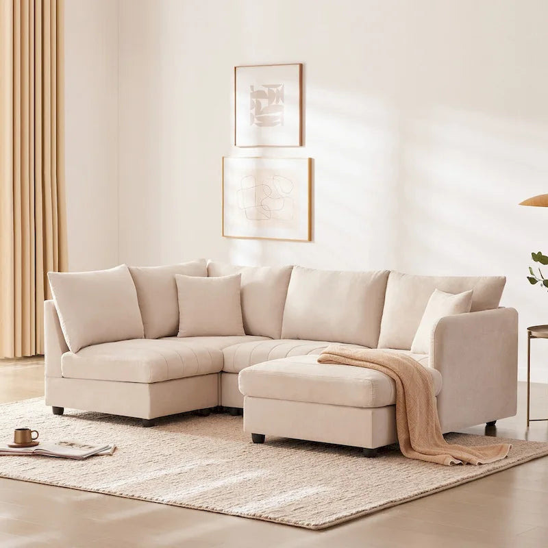 Canapé d'angle moderne en forme de L à rayures verticales, 2 coussins, pouf, combinaisons possibles, beige