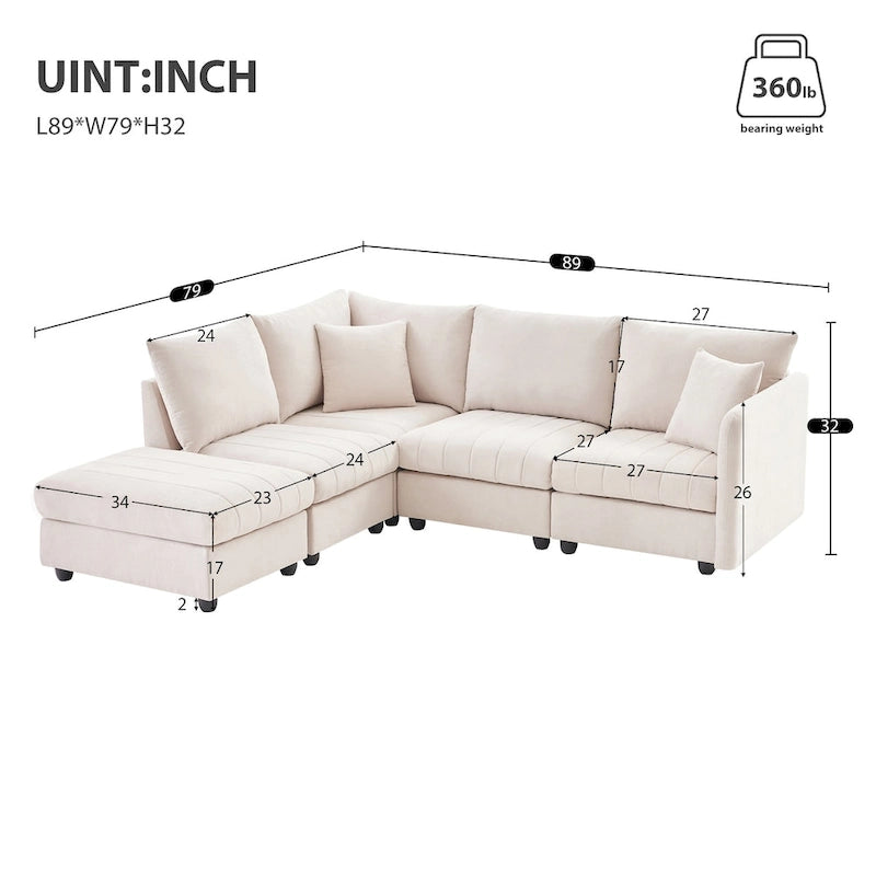 Canapé d'angle moderne en forme de L à rayures verticales, 2 coussins, pouf, combinaisons possibles, beige