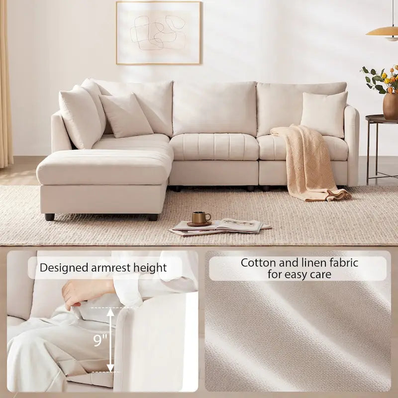 Canapé d'angle moderne en forme de L à rayures verticales, 2 coussins, pouf, combinaisons possibles, beige
