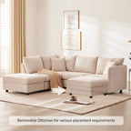 Canapé d'angle moderne en forme de L à rayures verticales, 2 coussins, pouf, combinaisons possibles, beige