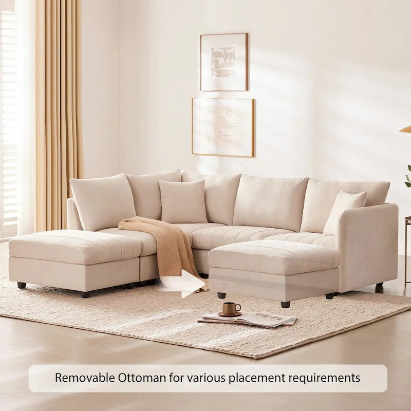 Canapé d'angle moderne en forme de L à rayures verticales, 2 coussins, pouf, combinaisons possibles, beige