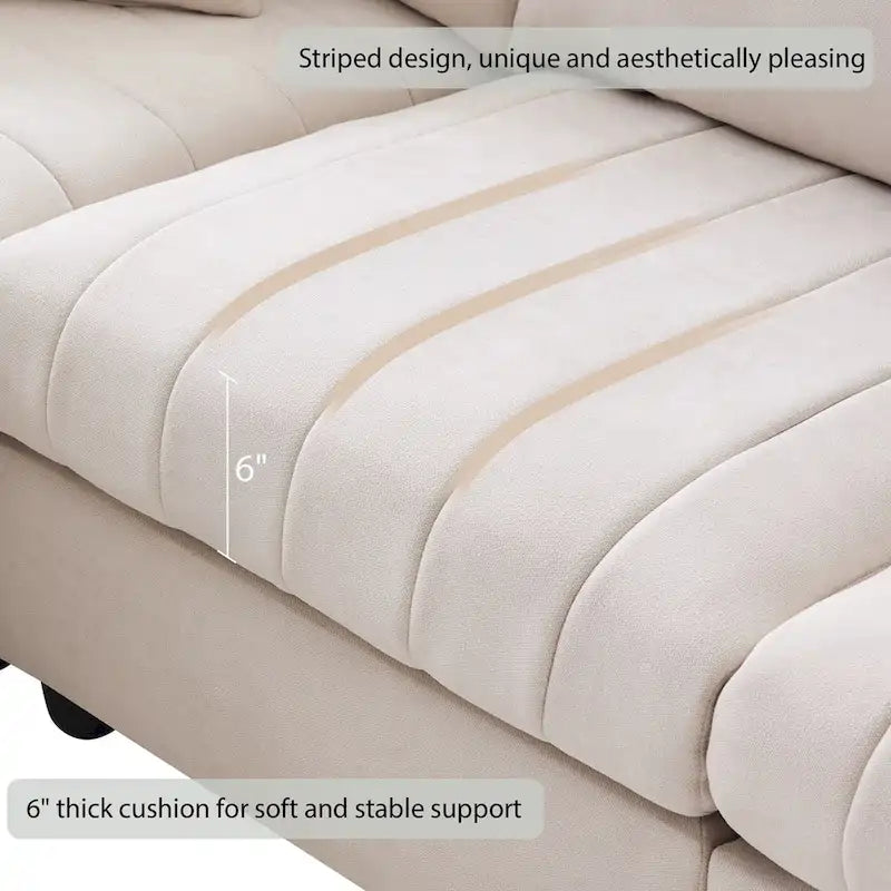 Canapé d'angle moderne en forme de L à rayures verticales, 2 coussins, pouf, combinaisons possibles, beige