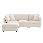 Canapé d'angle moderne en forme de L à rayures verticales, 2 coussins, pouf, combinaisons possibles, beige
