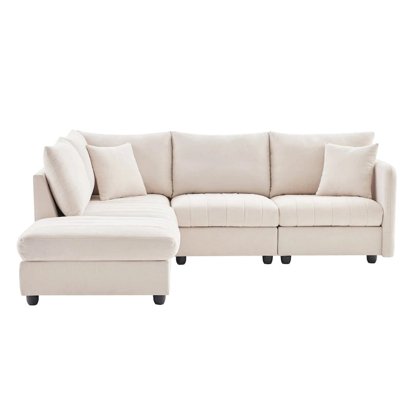 Canapé d'angle moderne en forme de L à rayures verticales, 2 coussins, pouf, combinaisons possibles, beige