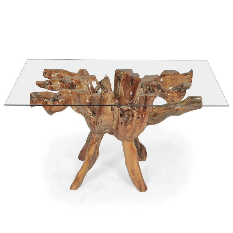 Table de salle à manger en racine de teck avec plateau en verre carré de 140 cm