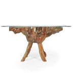 Table de salle à manger en racine de teck avec plateau en verre carré de 140 cm