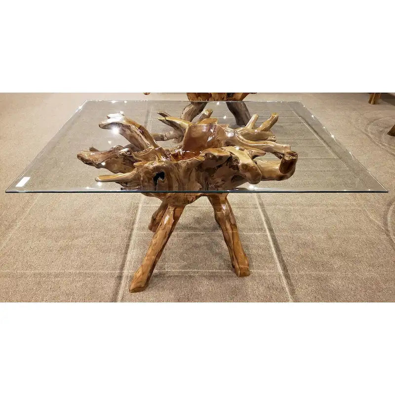 Table de salle à manger en racine de teck avec plateau en verre carré de 140 cm