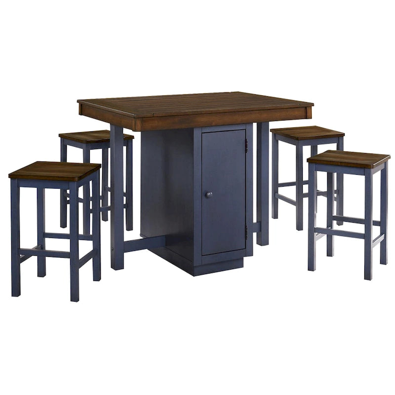 Ensemble table haute 5 pièces, 4 tabourets, chêne antique, bois bleu