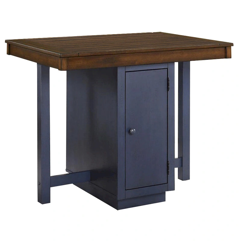 Ensemble table haute 5 pièces, 4 tabourets, chêne antique, bois bleu