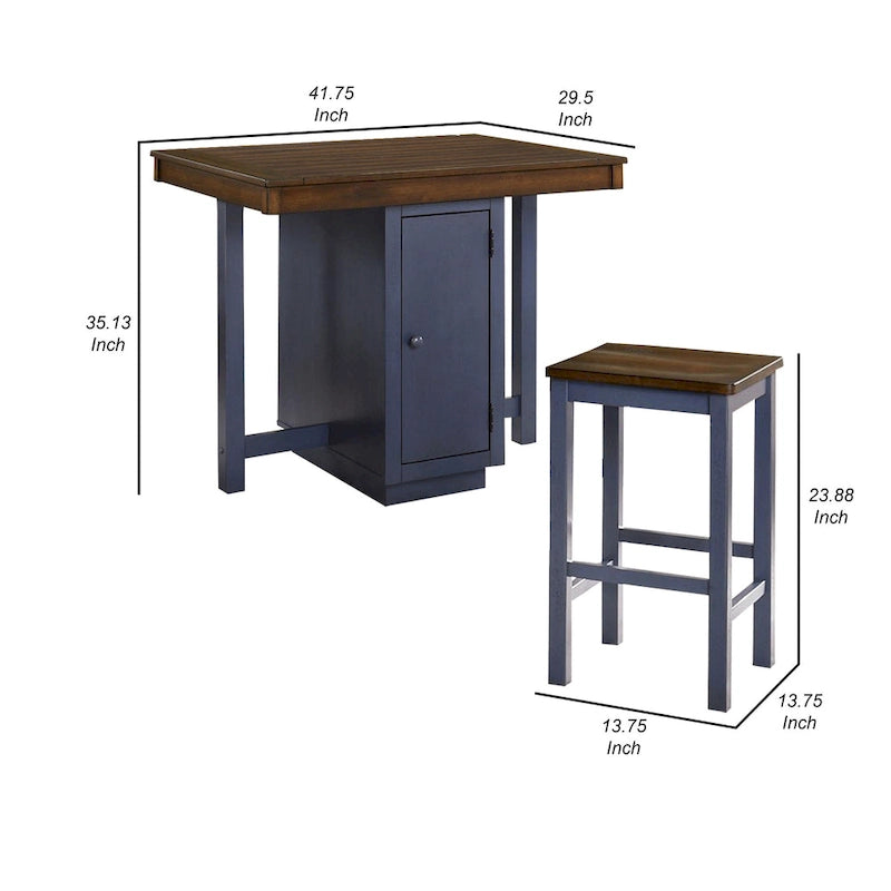 Ensemble table haute 5 pièces, 4 tabourets, chêne antique, bois bleu