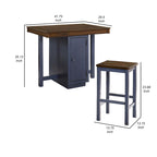 Ensemble table haute 5 pièces, 4 tabourets, chêne antique, bois bleu