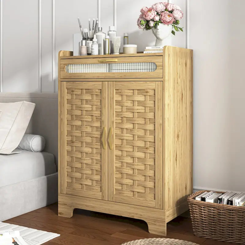 Meuble moderne avec tiroir et étagère réglable, style porte de grange, idéal pour la cuisine, la salle à manger, la salle de bain ou l'entrée.