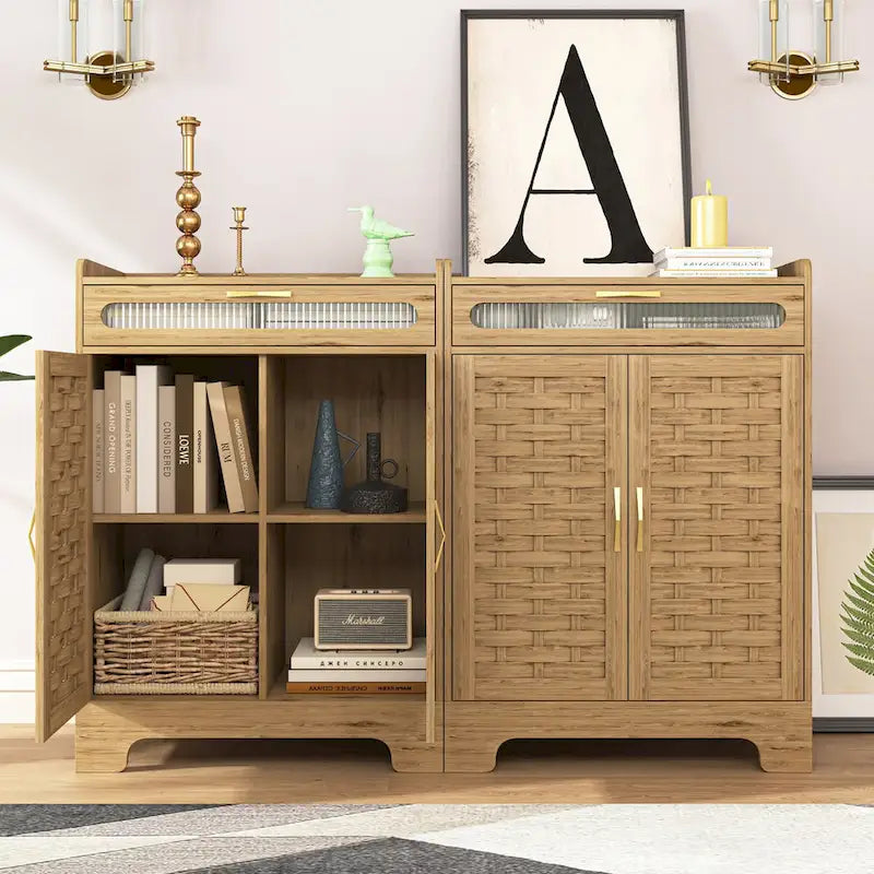 Meuble moderne avec tiroir et étagère réglable, style porte de grange, idéal pour la cuisine, la salle à manger, la salle de bain ou l'entrée.
