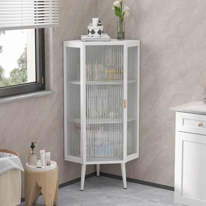 Meuble d'angle au sol, 3 niveaux avec portes en verre trempé et étagères de rangement