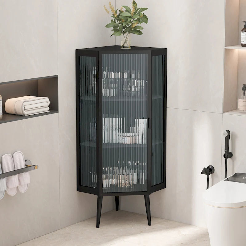 Meuble d'angle au sol, 3 niveaux avec portes en verre trempé et étagères de rangement