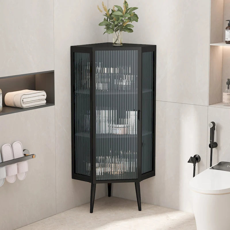 Meuble d'angle au sol, 3 niveaux avec portes en verre trempé et étagères de rangement