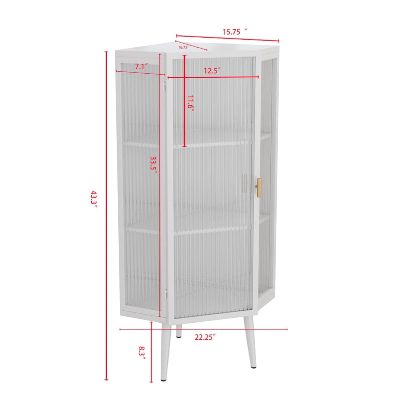 Meuble d'angle au sol, 3 niveaux avec portes en verre trempé et étagères de rangement