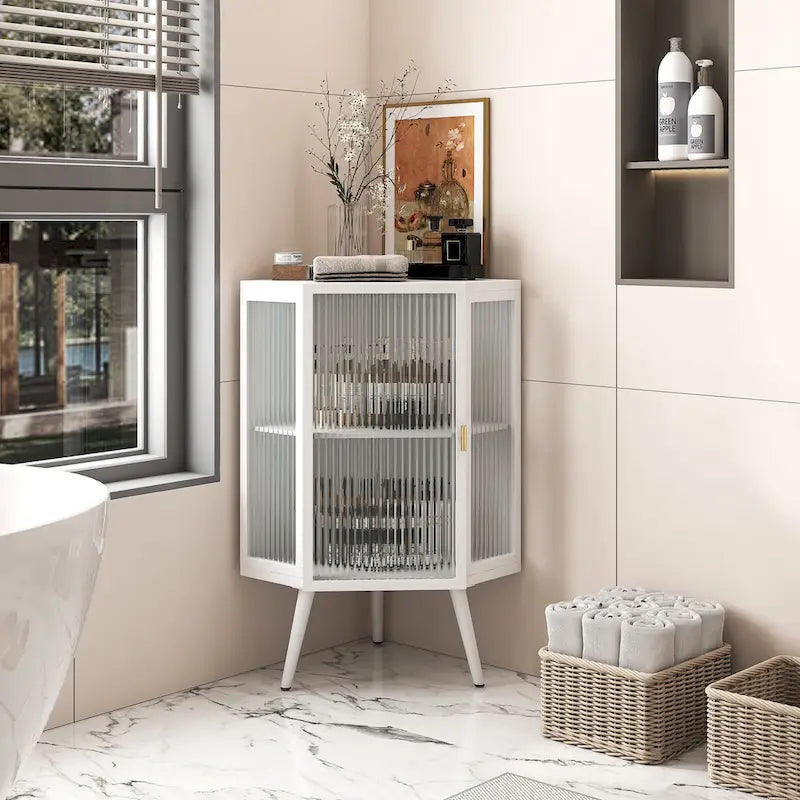 Meuble d'angle au sol, 3 niveaux avec portes en verre trempé et étagères de rangement