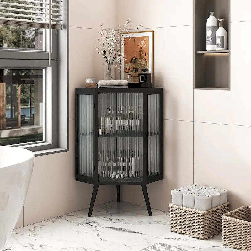 Meuble d'angle au sol, 3 niveaux avec portes en verre trempé et étagères de rangement