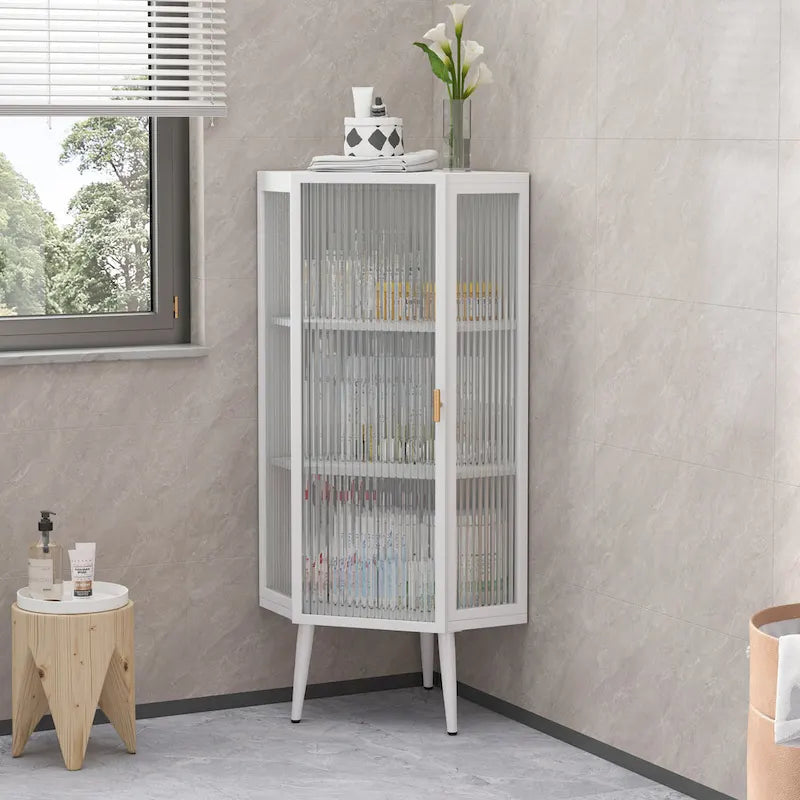 Meuble d'angle au sol, 3 niveaux avec portes en verre trempé et étagères de rangement