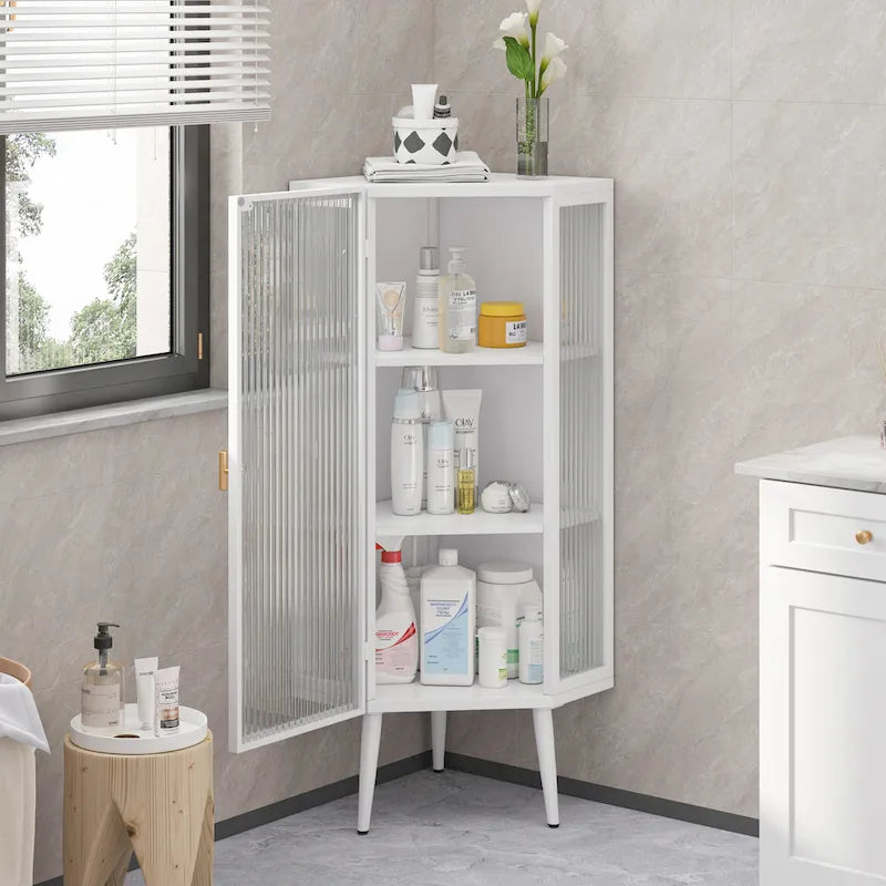 Meuble d'angle au sol, 3 niveaux avec portes en verre trempé et étagères de rangement