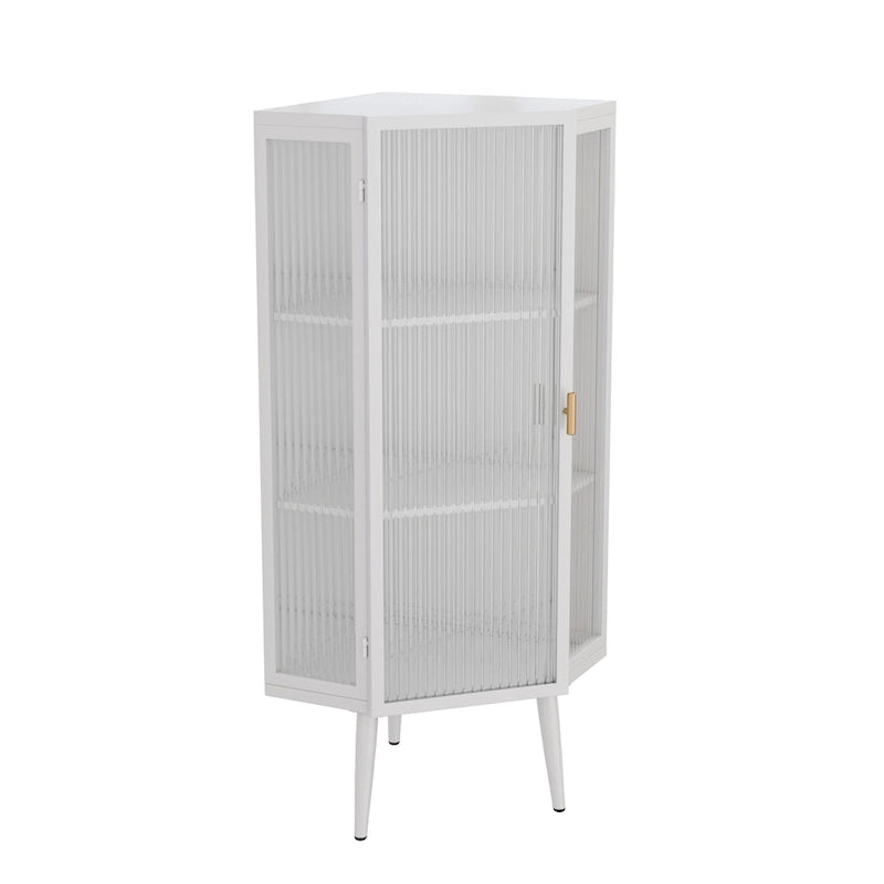 Meuble d'angle au sol, 3 niveaux avec portes en verre trempé et étagères de rangement