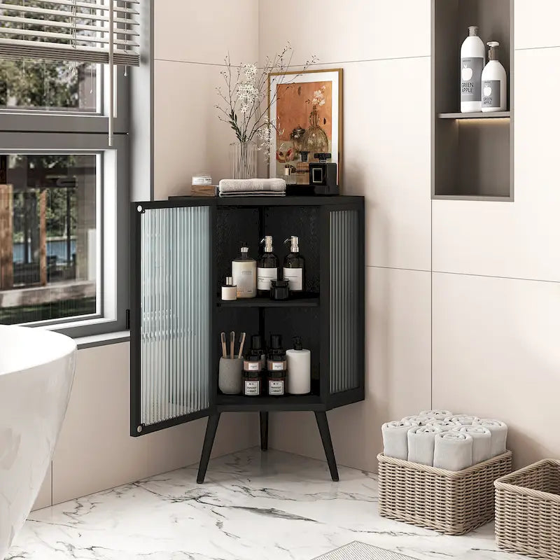Meuble d'angle au sol, 3 niveaux avec portes en verre trempé et étagères de rangement