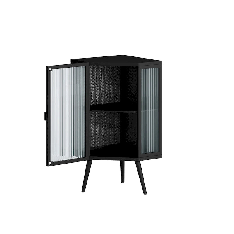 Meuble d'angle au sol, 3 niveaux avec portes en verre trempé et étagères de rangement