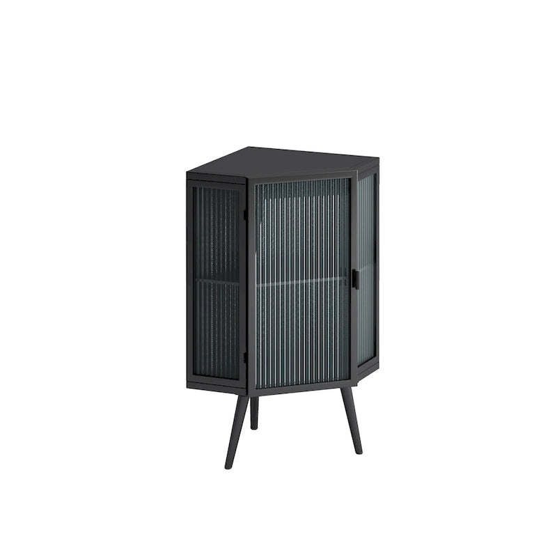 Meuble d'angle au sol, 3 niveaux avec portes en verre trempé et étagères de rangement