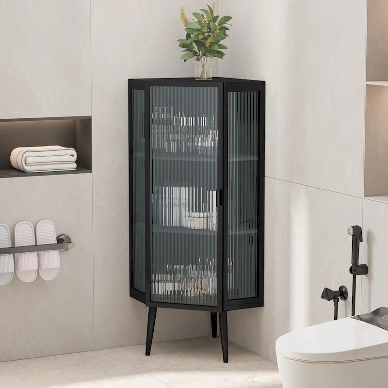 Meuble d'angle au sol, 3 niveaux avec portes en verre trempé et étagères de rangement