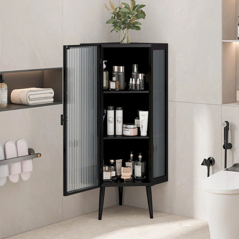 Meuble d'angle au sol, 3 niveaux avec portes en verre trempé et étagères de rangement