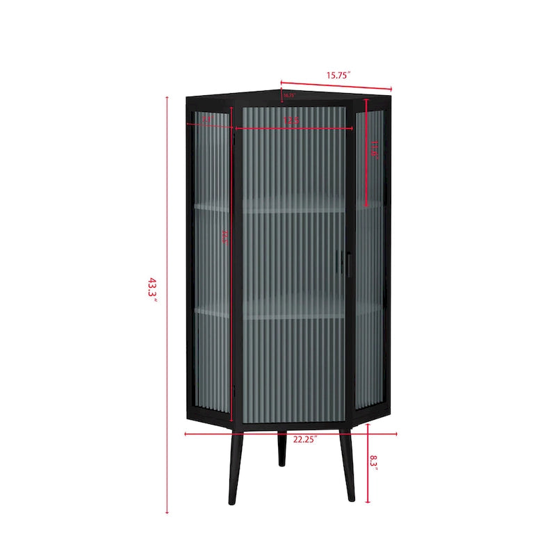 Meuble d'angle au sol, 3 niveaux avec portes en verre trempé et étagères de rangement
