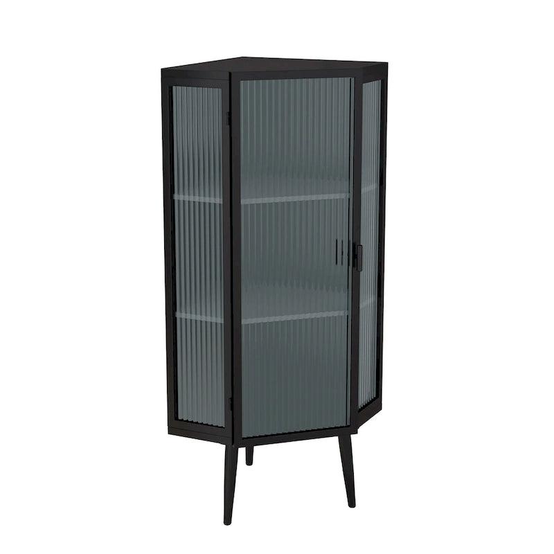 Meuble d'angle au sol, 3 niveaux avec portes en verre trempé et étagères de rangement