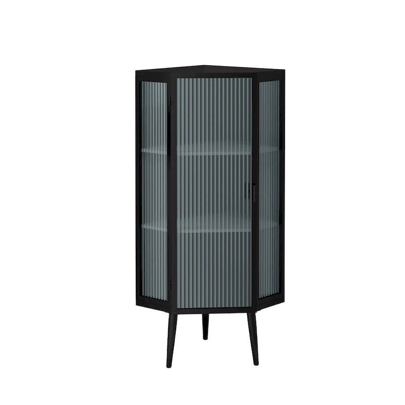 Meuble d'angle au sol, 3 niveaux avec portes en verre trempé et étagères de rangement
